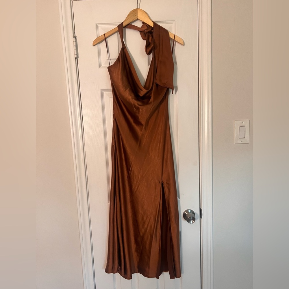 Classy, backless, halter satin dress with slit. 🔥